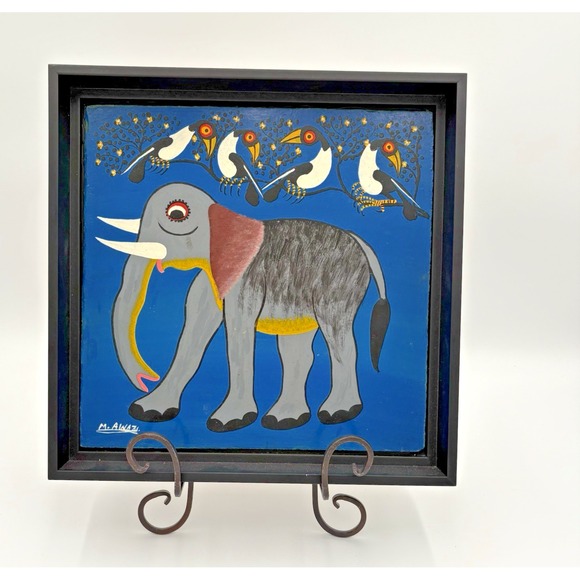 Other - M. Awazi Oil Tingatinga Elephant‎ And Birds Painting On Masonite Signed 12"x12"